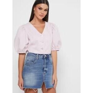 Pieces Gili Short Puff Sleeve Denim Top Winsome Rose Pink Women's Size Medium